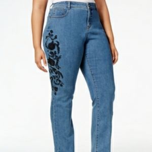 Tummy-Control Embroidered Slim-Leg Jeans